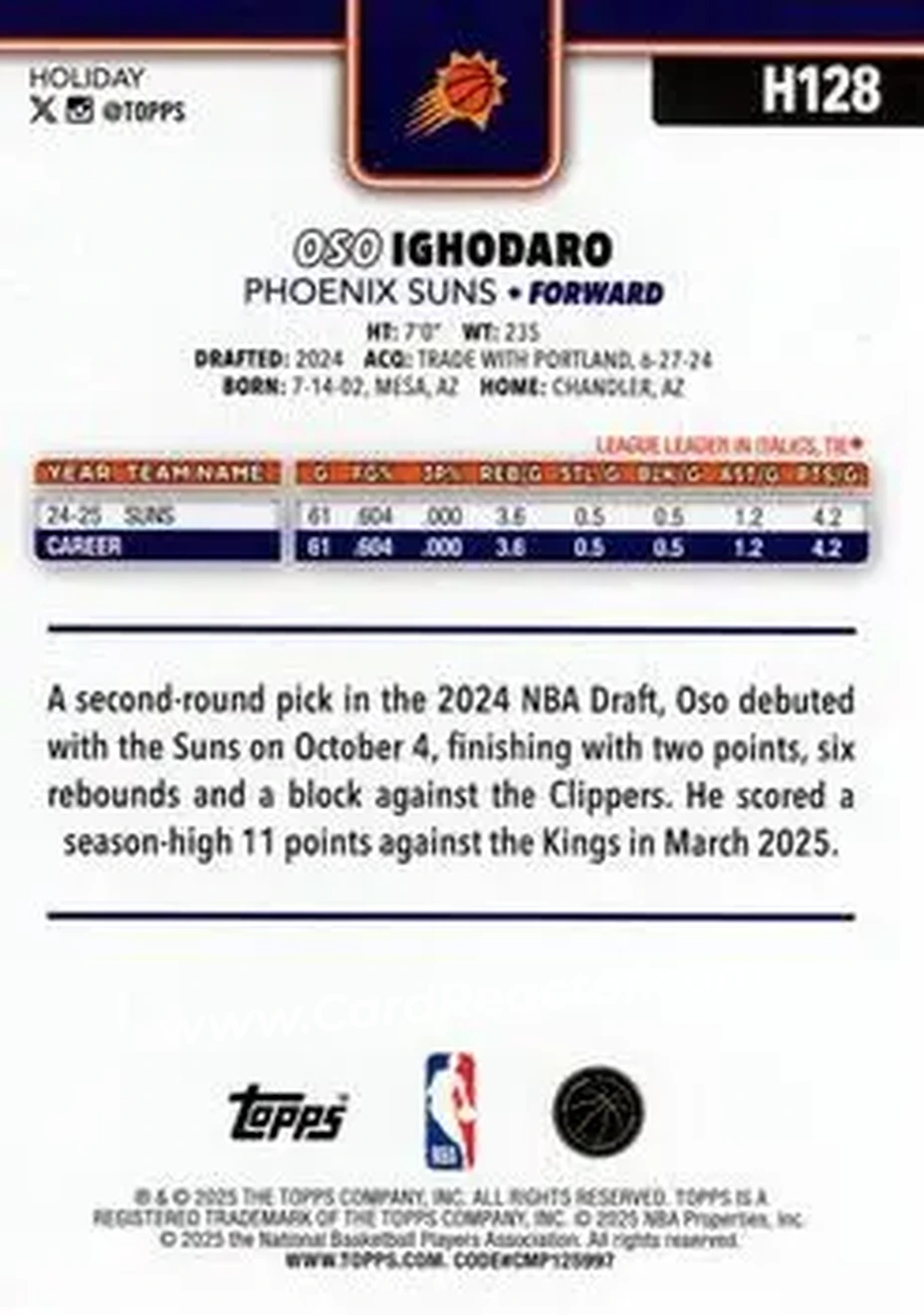 2025-26 Topps Holiday #H128 - Oso Ighodaro - Phoenix Suns - Back 2025-26 Topps Holiday #H128 - Oso Ighodaro - Phoenix Suns - Back