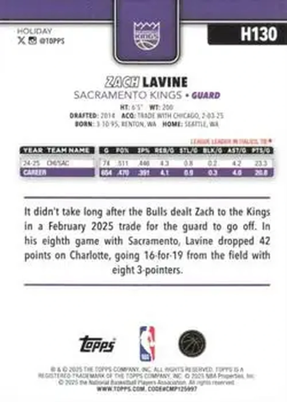 2025-26 Topps Holiday #H130 - Zach LaVine - Sacramento Kings - Back 2025-26 Topps Holiday #H130 - Zach LaVine - Sacramento Kings - Back