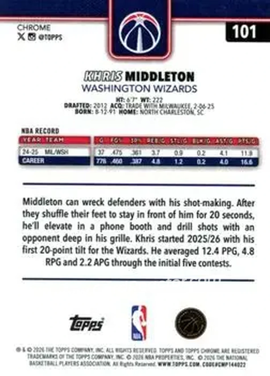 2025-26 Topps Chrome Update #101 - Khris Middleton - Washington Wizards - Back