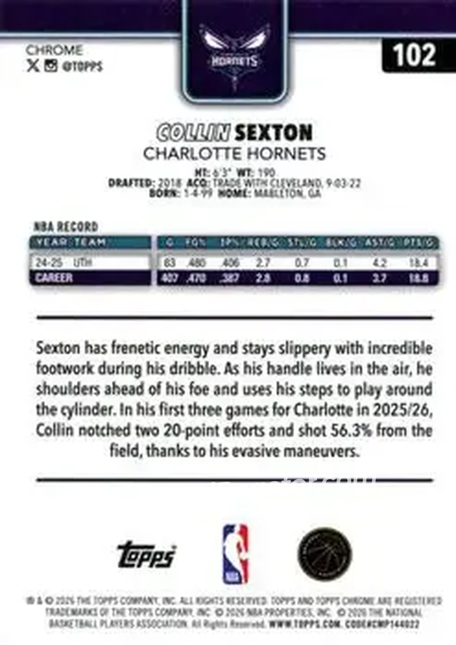 2025-26 Topps Chrome Update #102 - Collin Sexton - Charlotte Hornets - Back