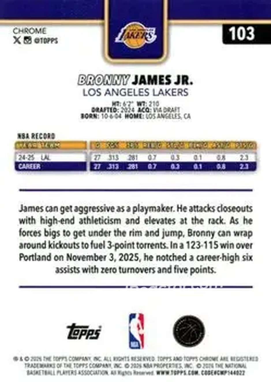 2025-26 Topps Chrome Update #103 - Bronny James - Los Angeles Lakers - Back 2025-26 Topps Chrome Update #103 - Bronny James - Los Angeles Lakers - Back
