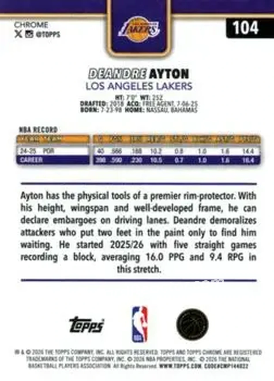 2025-26 Topps Chrome Update #104 - Deandre Ayton - Los Angeles Lakers - Back