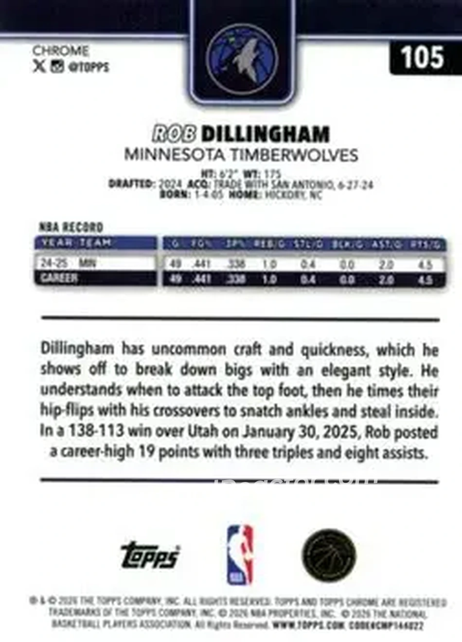 2025-26 Topps Chrome Update #105 - Rob Dillingham - Minnesota Timberwolves - Back