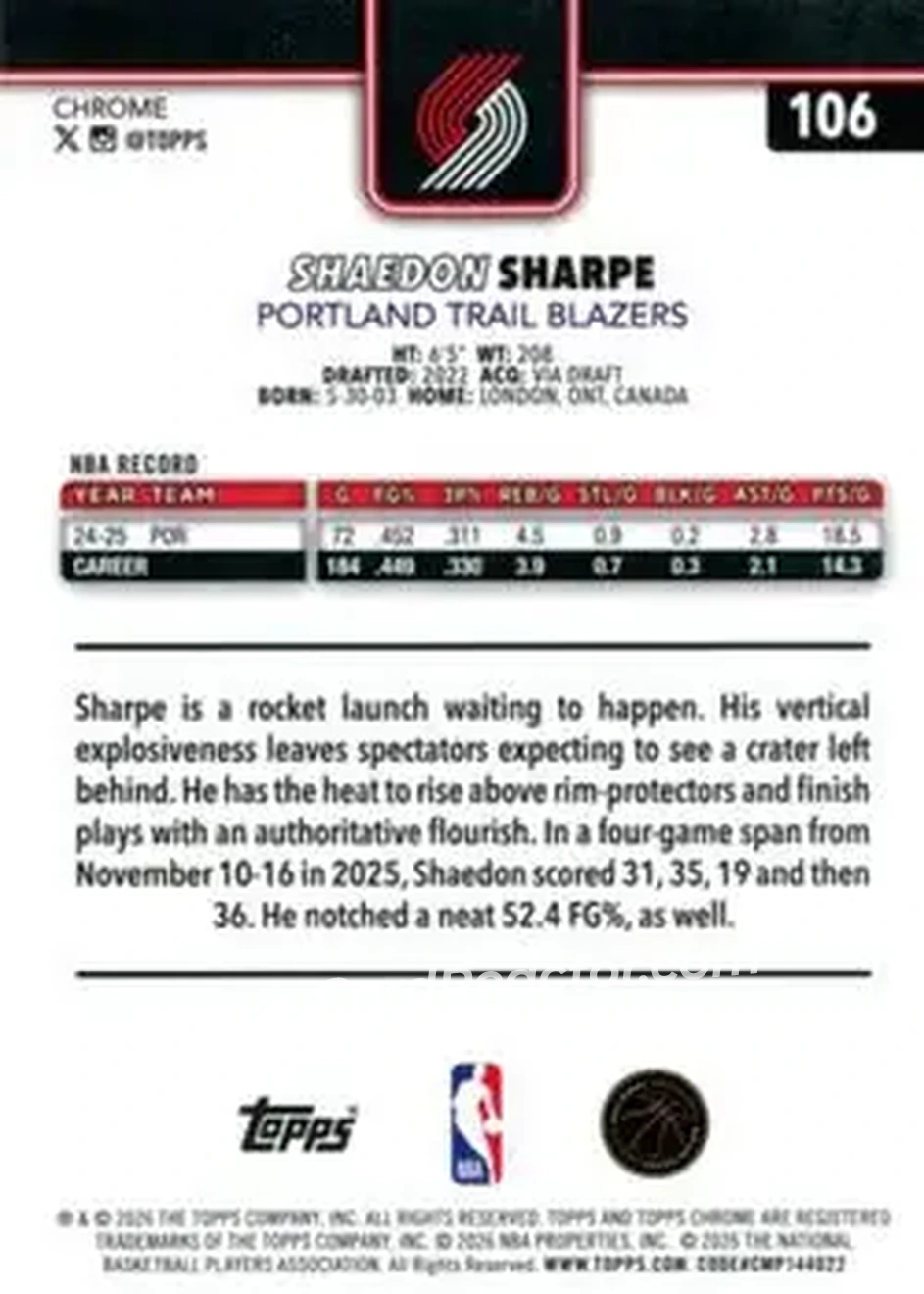 2025-26 Topps Chrome Update #106 - Shaedon Sharpe - Portland Trail Blazers - Back 2025-26 Topps Chrome Update #106 - Shaedon Sharpe - Portland Trail Blazers - Back