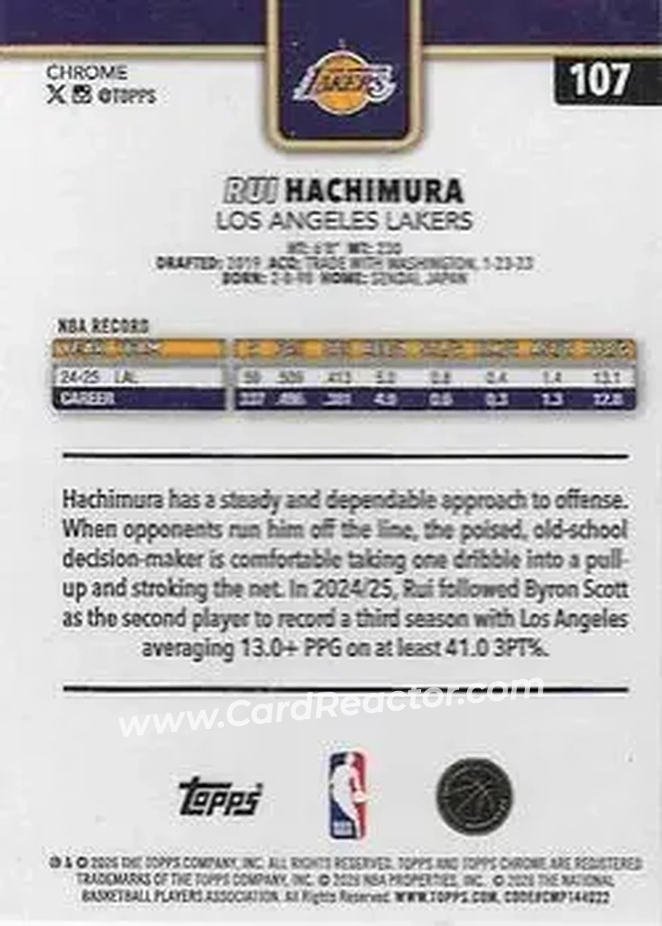 2025-26 Topps Chrome Update #107 - Rui Hachimura - Los Angeles Lakers - Back 2025-26 Topps Chrome Update #107 - Rui Hachimura - Los Angeles Lakers - Back