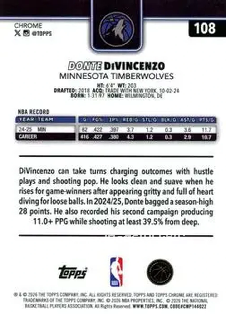 2025-26 Topps Chrome Update #108 - Donte DiVincenzo - Minnesota Timberwolves - Back