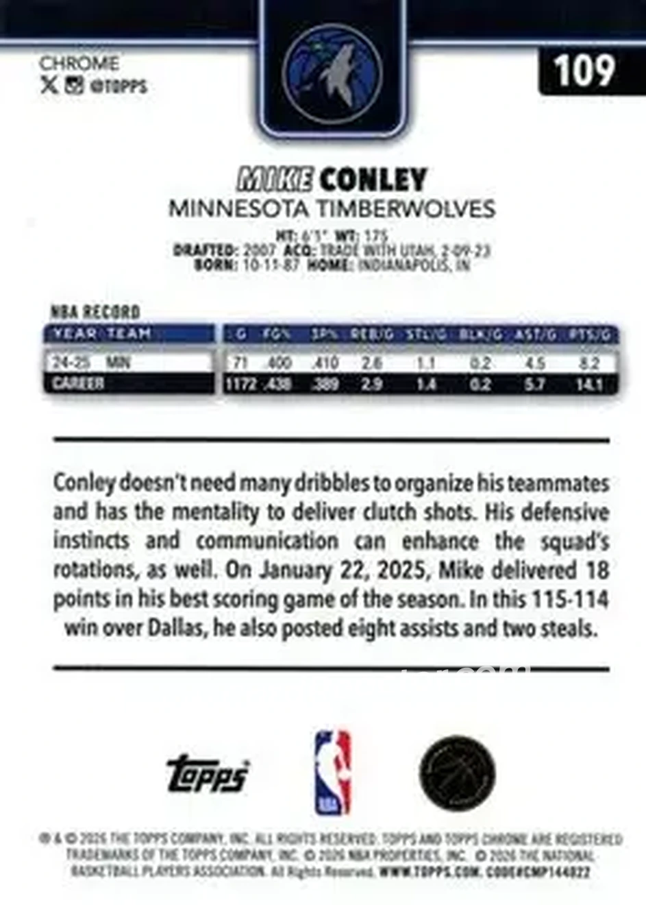 2025-26 Topps Chrome Update #109 - Mike Conley - Minnesota Timberwolves - Back 2025-26 Topps Chrome Update #109 - Mike Conley - Minnesota Timberwolves - Back