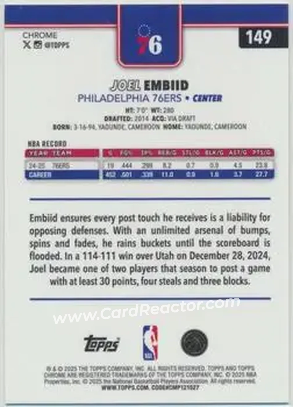 2025-26 Topps Chrome Sapphire Edition #149 - Joel Embiid - Philadelphia 76ers - Back 2025-26 Topps Chrome Sapphire Edition #149 - Joel Embiid - Philadelphia 76ers - Back