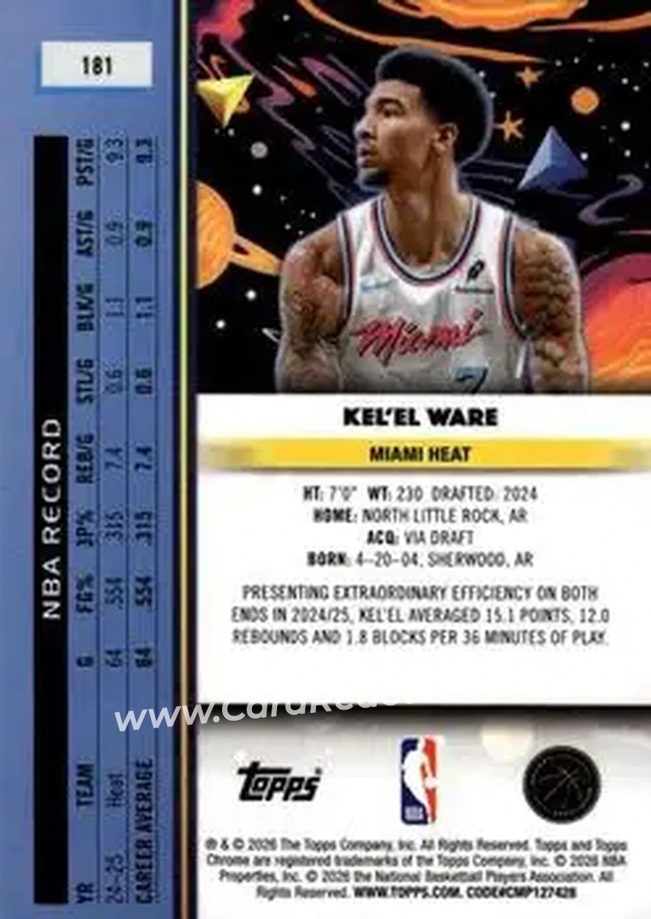 2025-26 Topps Chrome Cosmic #181 - Kel'el Ware - Miami Heat - Back 2025-26 Topps Chrome Cosmic #181 - Kel'el Ware - Miami Heat - Back