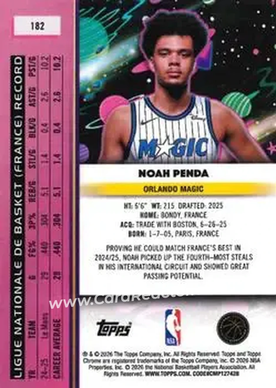 2025-26 Topps Chrome Cosmic #182 - Noah Penda - Orlando Magic - Back 2025-26 Topps Chrome Cosmic #182 - Noah Penda - Orlando Magic - Back
