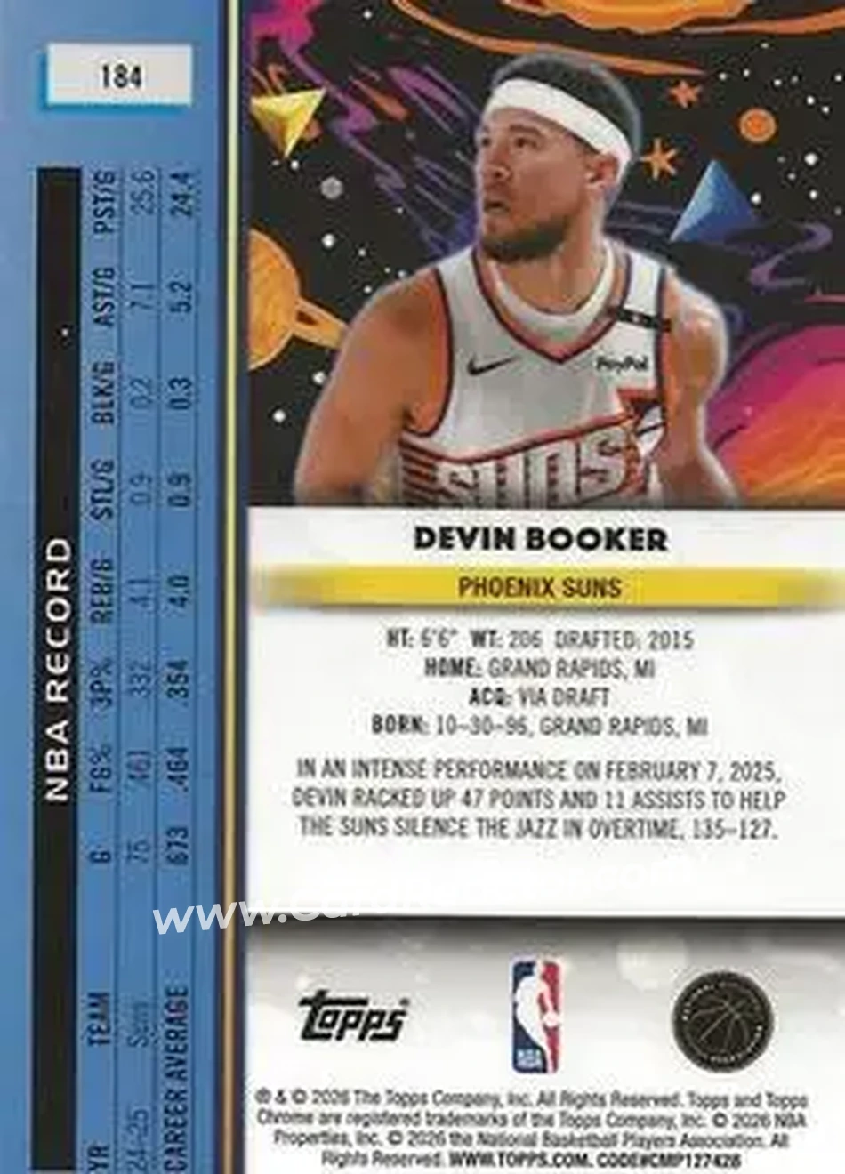 2025-26 Topps Chrome Cosmic #184 - Devin Booker - Phoenix Suns - Back 2025-26 Topps Chrome Cosmic #184 - Devin Booker - Phoenix Suns - Back
