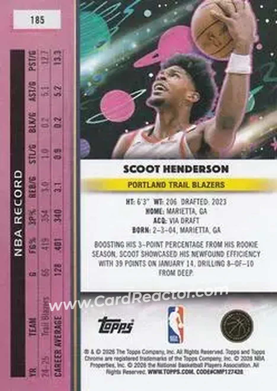 2025-26 Topps Chrome Cosmic #185 - Scoot Henderson - Portland Trail Blazers - Back
