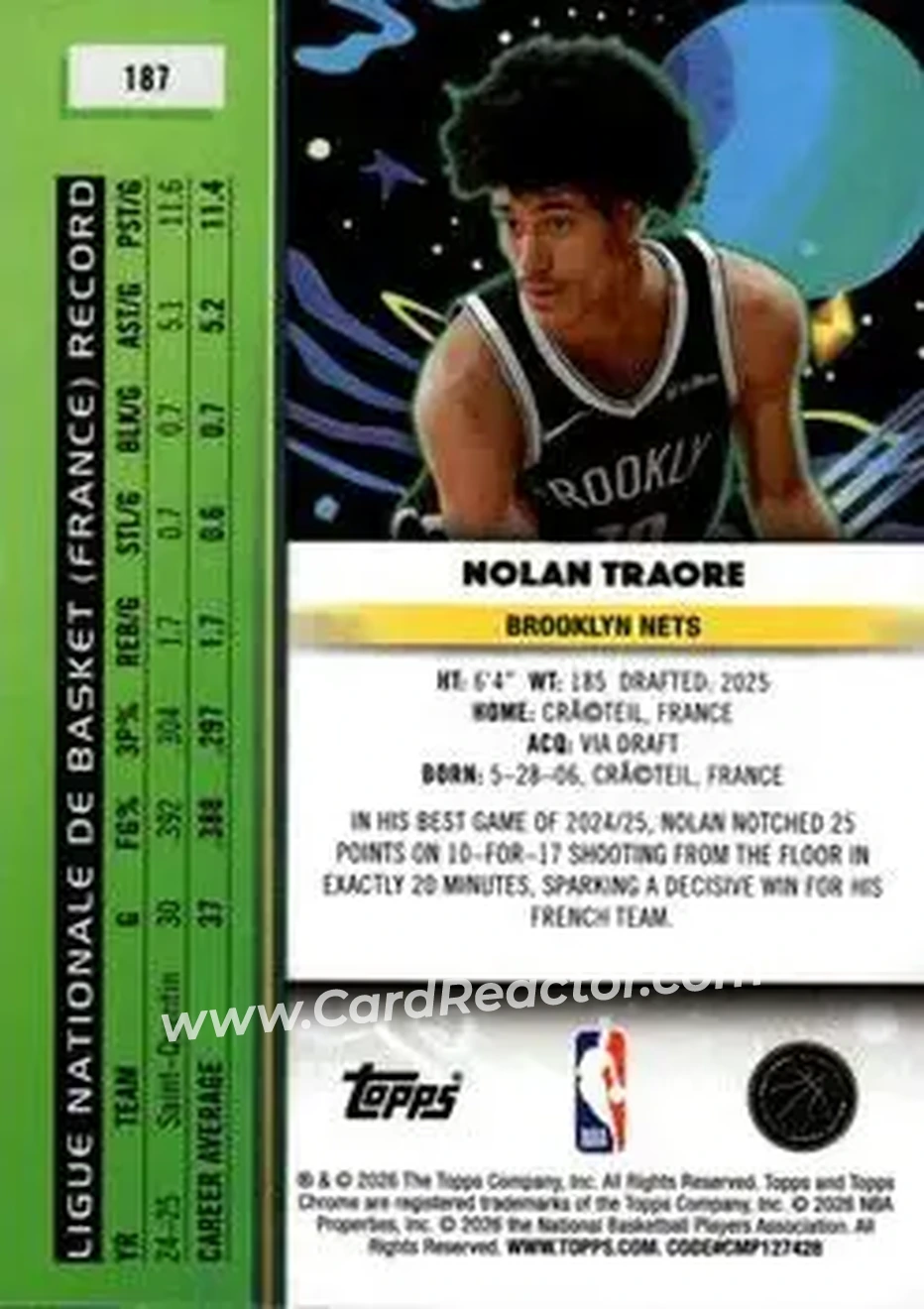 2025-26 Topps Chrome Cosmic #187 - Nolan Traoré - Brooklyn Nets - Back