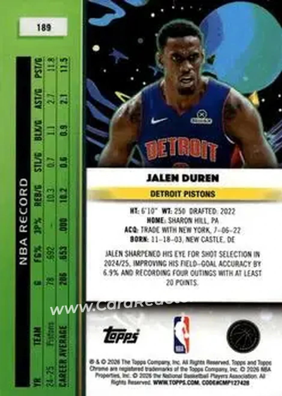 2025-26 Topps Chrome Cosmic #189 - Jalen Duren - Detroit Pistons - Back 2025-26 Topps Chrome Cosmic #189 - Jalen Duren - Detroit Pistons - Back