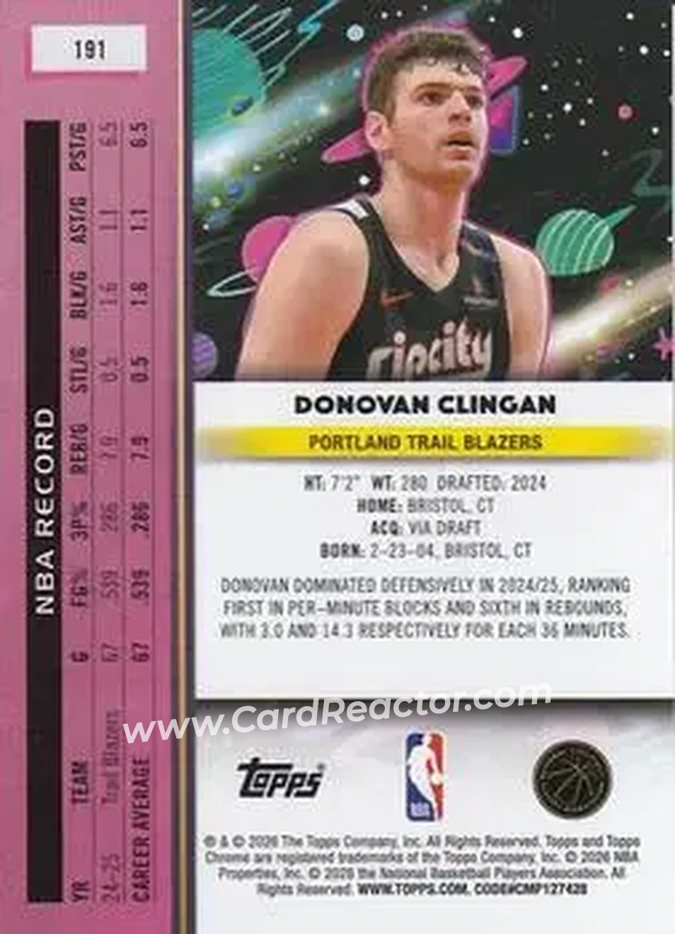 2025-26 Topps Chrome Cosmic #191 - Donovan Clingan - Portland Trail Blazers - Back