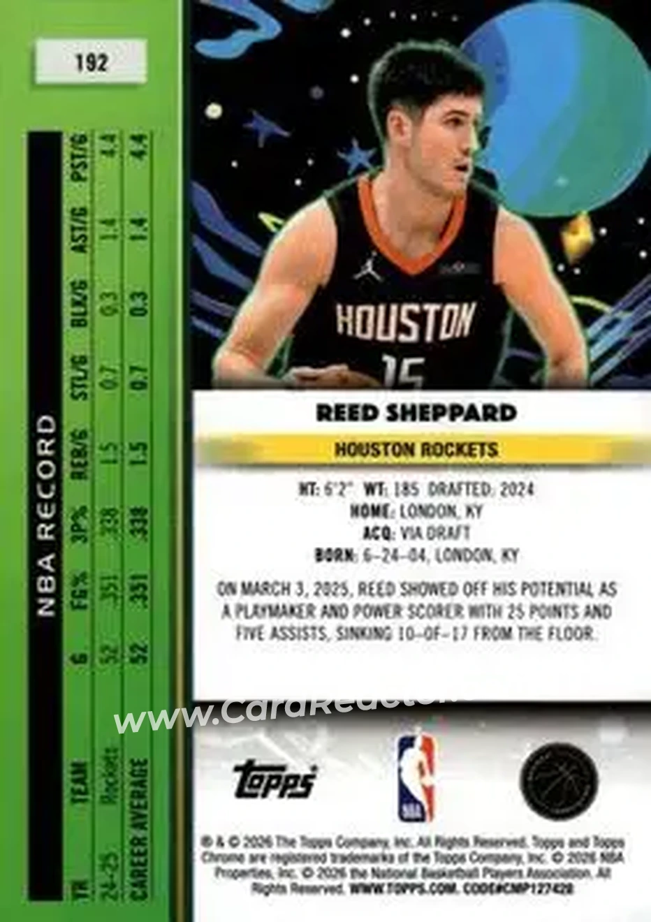 2025-26 Topps Chrome Cosmic #192 - Reed Sheppard - Houston Rockets - Back