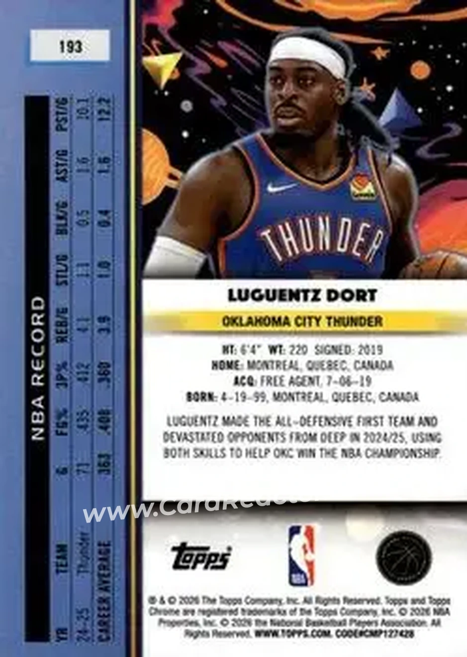 2025-26 Topps Chrome Cosmic #193 - Luguentz Dort - Oklahoma City Thunder - Back 2025-26 Topps Chrome Cosmic #193 - Luguentz Dort - Oklahoma City Thunder - Back