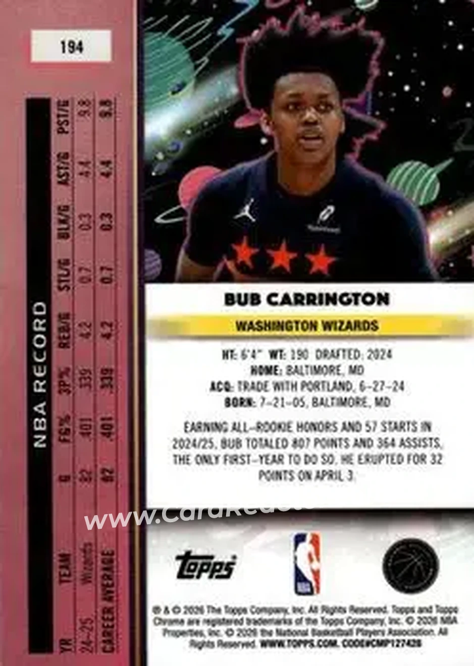 2025-26 Topps Chrome Cosmic #194 - Bub Carrington - Washington Wizards - Back 2025-26 Topps Chrome Cosmic #194 - Bub Carrington - Washington Wizards - Back