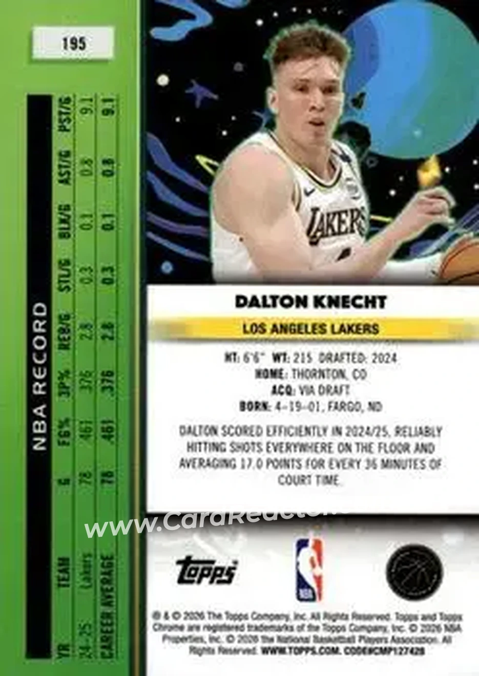 2025-26 Topps Chrome Cosmic #195 - Dalton Knecht - Los Angeles Lakers - Back