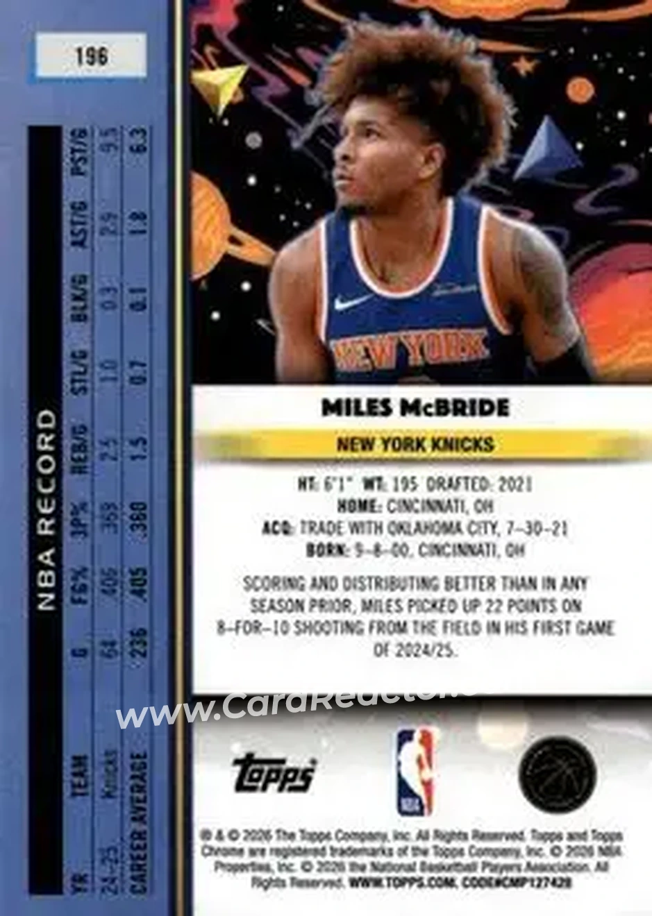 2025-26 Topps Chrome Cosmic #196 - Miles McBride - New York Knicks - Back