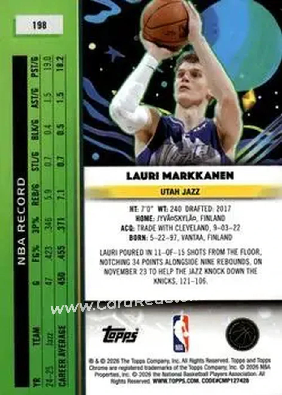 2025-26 Topps Chrome Cosmic #198 - Lauri Markkanen - Utah Jazz - Back