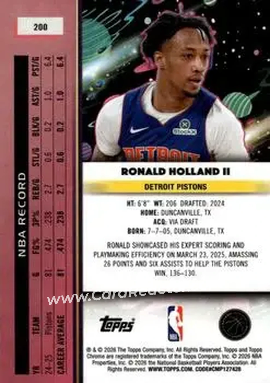 2025-26 Topps Chrome Cosmic #200 - Ron Holland II - Detroit Pistons - Back