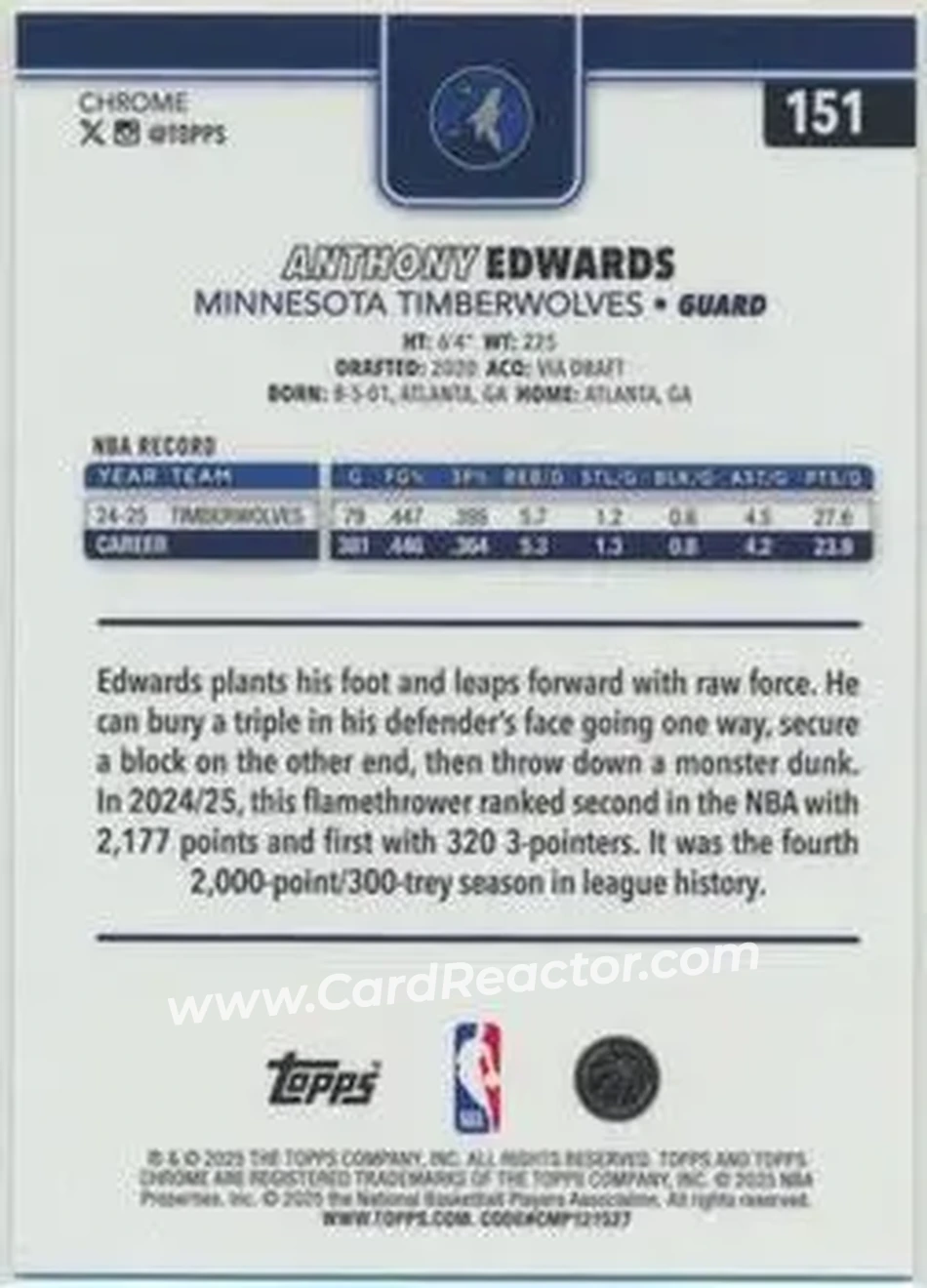 2025-26 Topps Chrome Sapphire Edition #151 - Anthony Edwards - Minnesota Timberwolves - Back