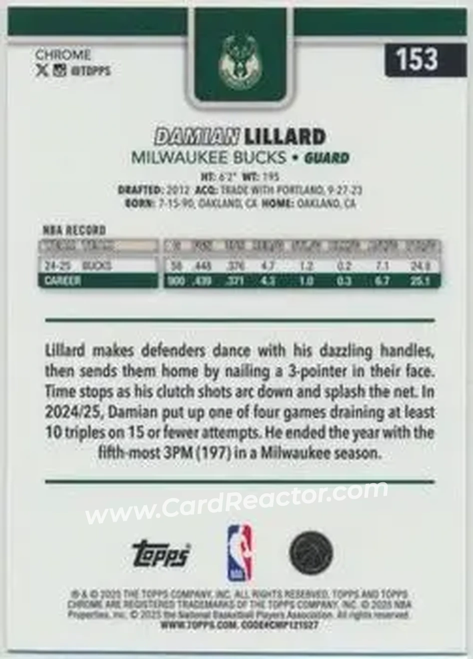 2025-26 Topps Chrome Sapphire Edition #153 - Damian Lillard - Milwaukee Bucks - Back 2025-26 Topps Chrome Sapphire Edition #153 - Damian Lillard - Milwaukee Bucks - Back