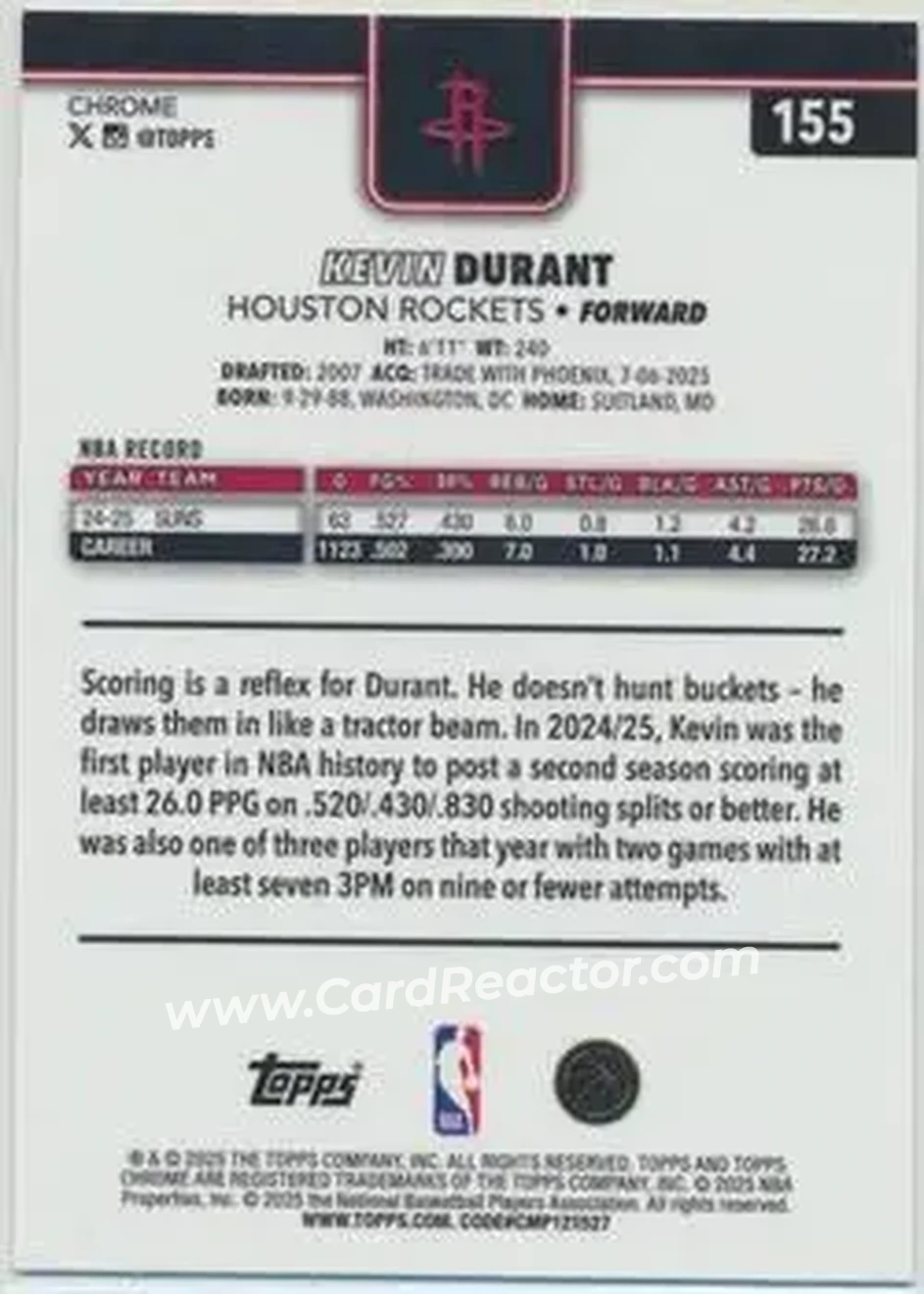 2025-26 Topps Chrome Sapphire Edition #155 - Kevin Durant - Houston Rockets - Back