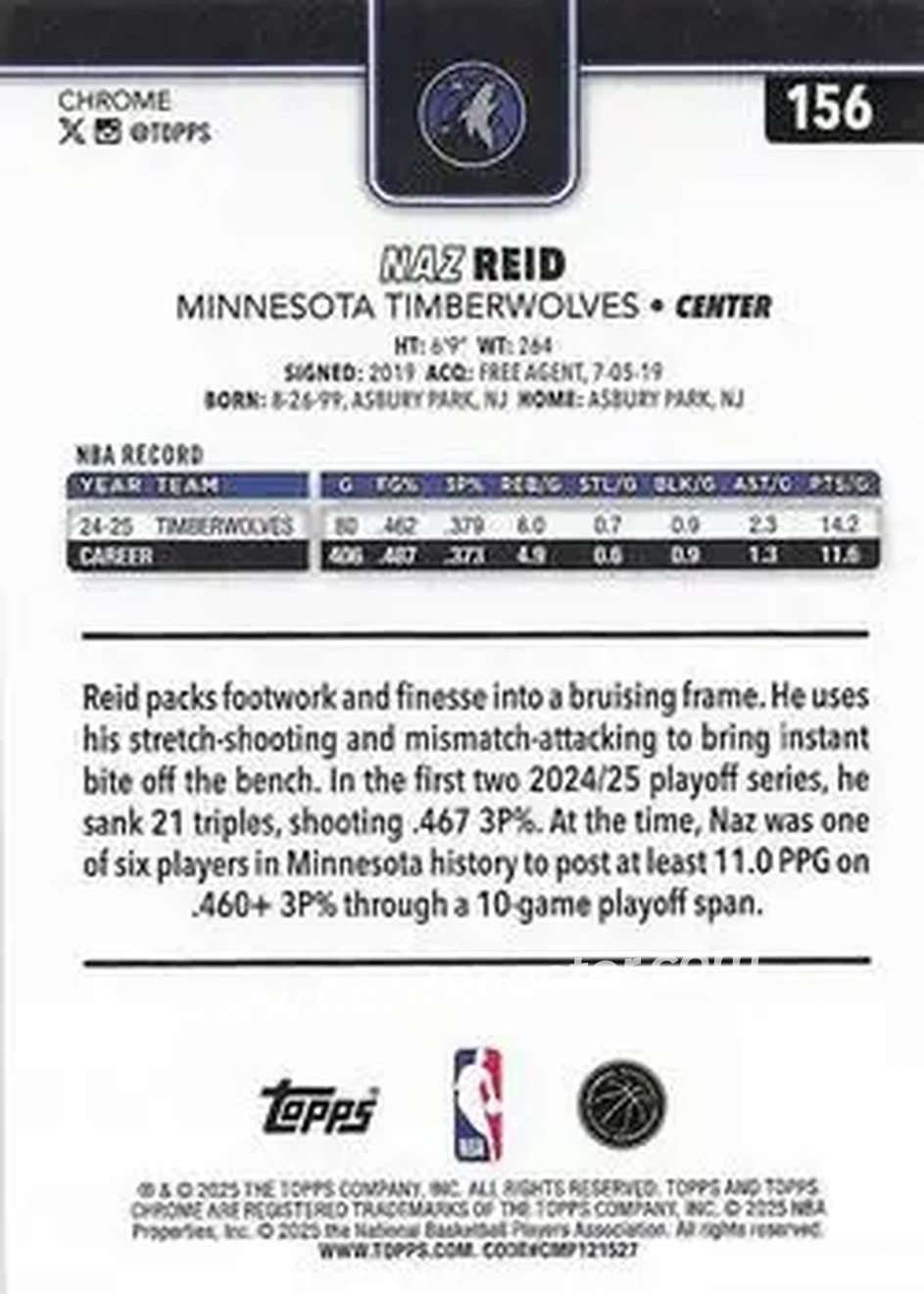 2025-26 Topps Chrome Sapphire Edition #156 - Naz Reid - Minnesota Timberwolves - Back 2025-26 Topps Chrome Sapphire Edition #156 - Naz Reid - Minnesota Timberwolves - Back
