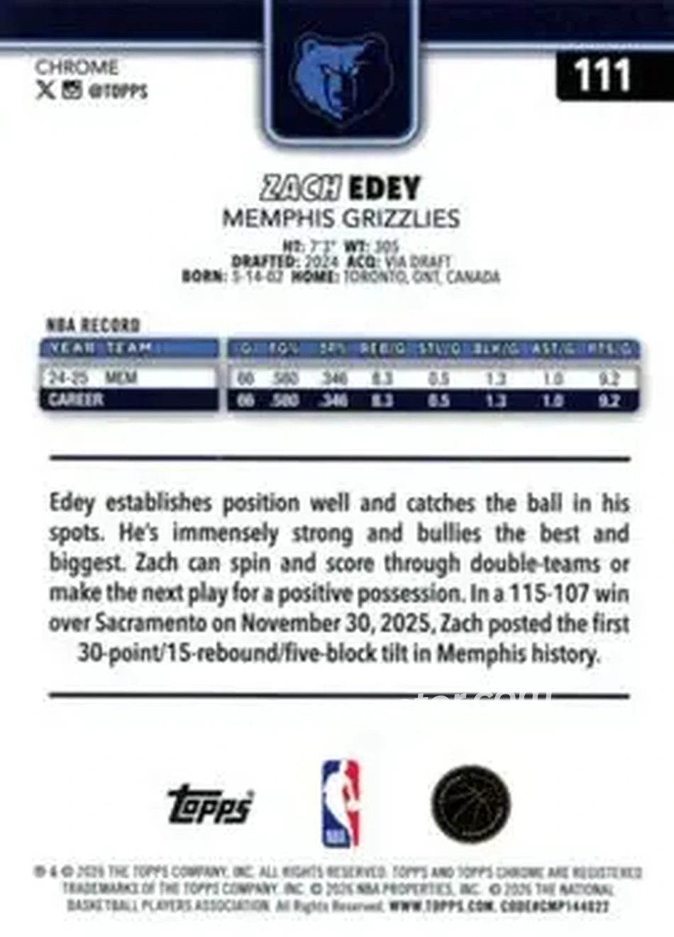 2025-26 Topps Chrome Update #111 - Zach Edey - Memphis Grizzlies - Back 2025-26 Topps Chrome Update #111 - Zach Edey - Memphis Grizzlies - Back