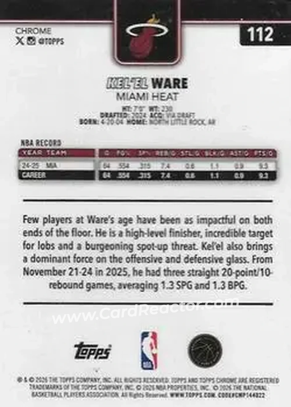 2025-26 Topps Chrome Update #112 - Kel'el Ware - Miami Heat - Back