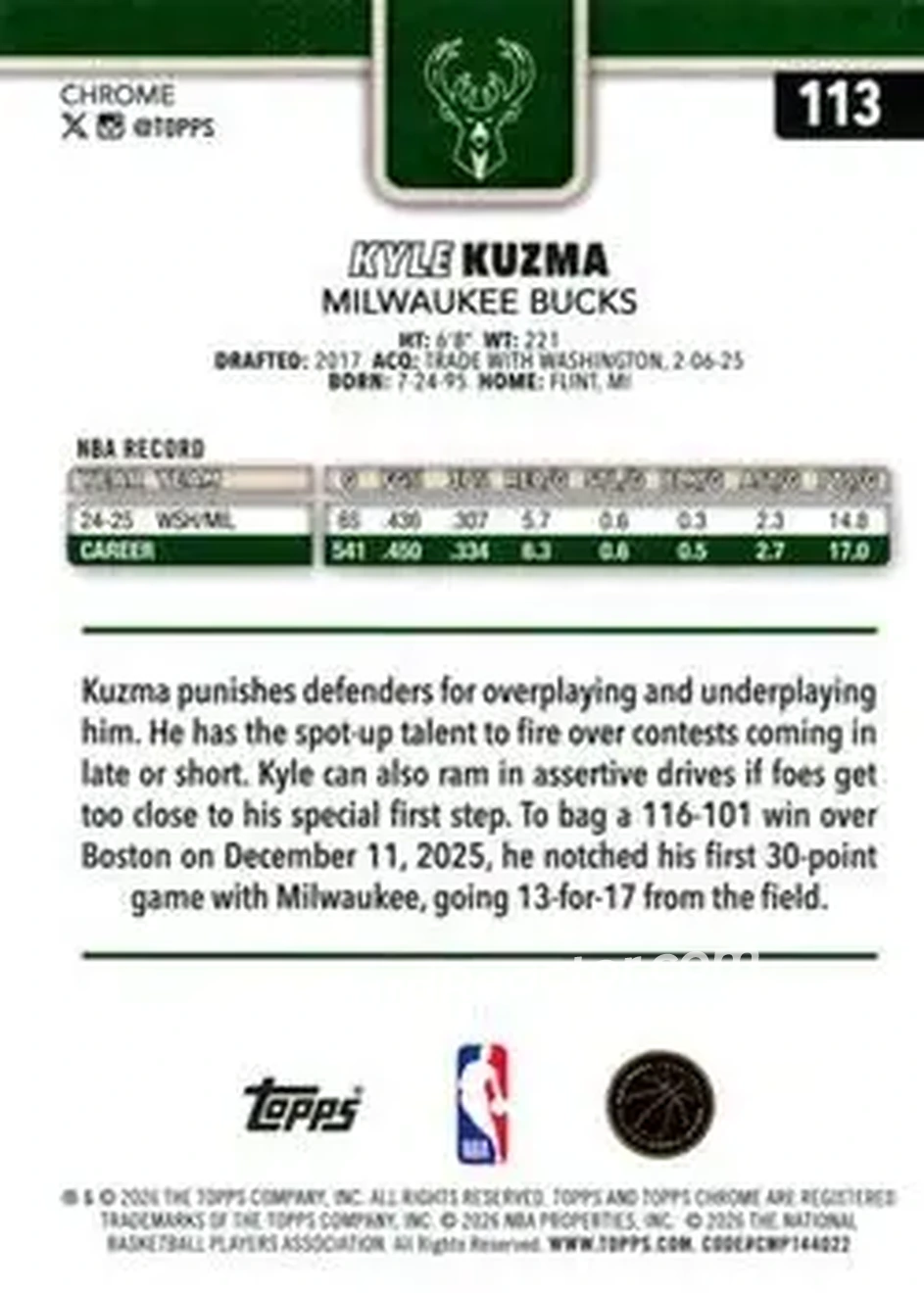 2025-26 Topps Chrome Update #113 - Kyle Kuzma - Milwaukee Bucks - Back