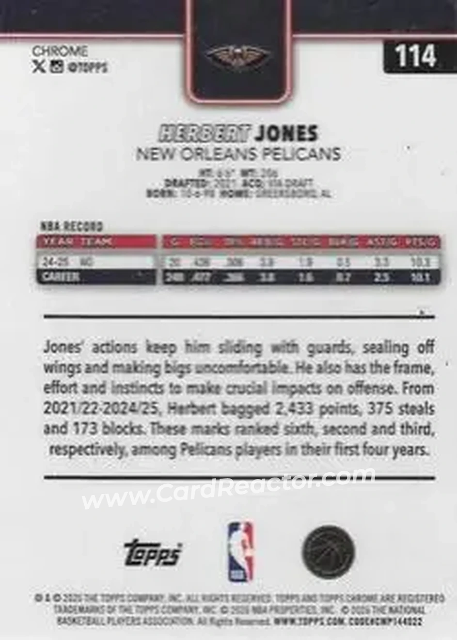 2025-26 Topps Chrome Update #114 - Herbert Jones - New Orleans Pelicans - Back