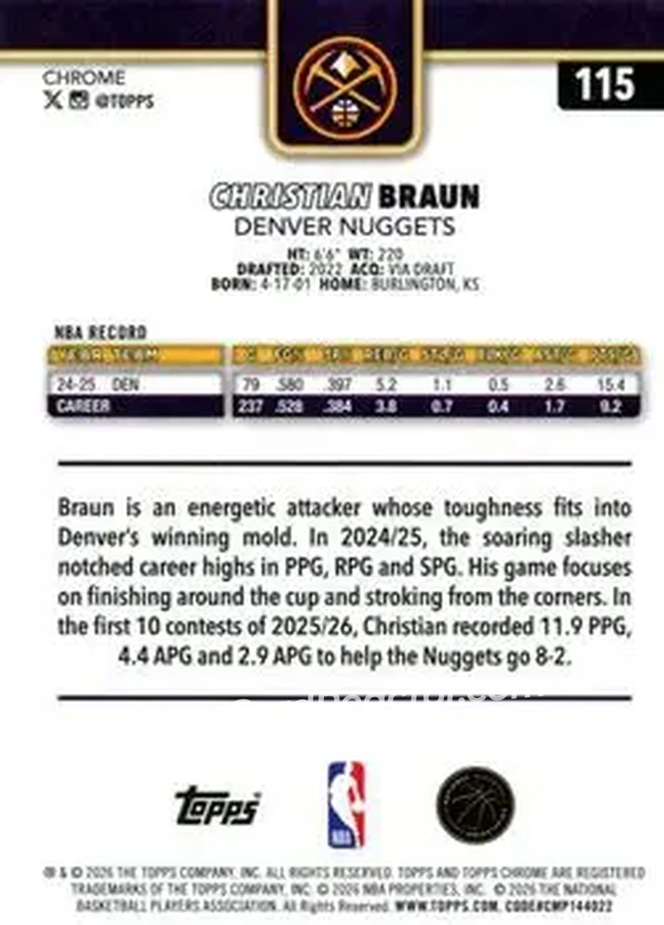 2025-26 Topps Chrome Update #115 - Christian Braun - Denver Nuggets - Back