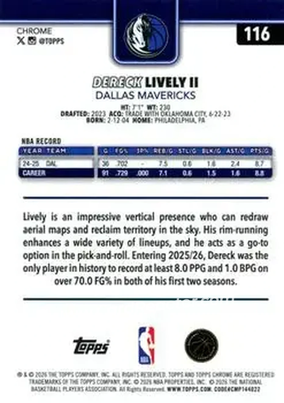 2025-26 Topps Chrome Update #116 - Dereck Lively II - Dallas Mavericks - Back