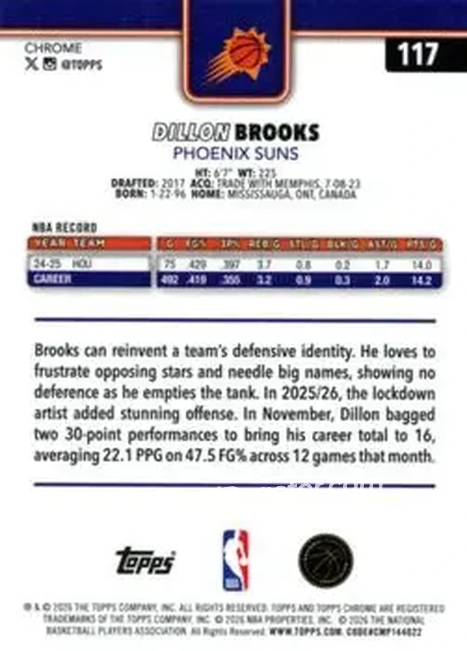 2025-26 Topps Chrome Update #117 - Dillon Brooks - Phoenix Suns - Back