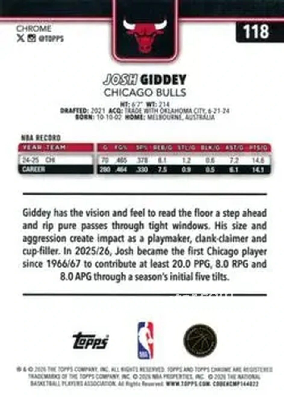 2025-26 Topps Chrome Update #118 - Josh Giddey - Chicago Bulls - Back 2025-26 Topps Chrome Update #118 - Josh Giddey - Chicago Bulls - Back
