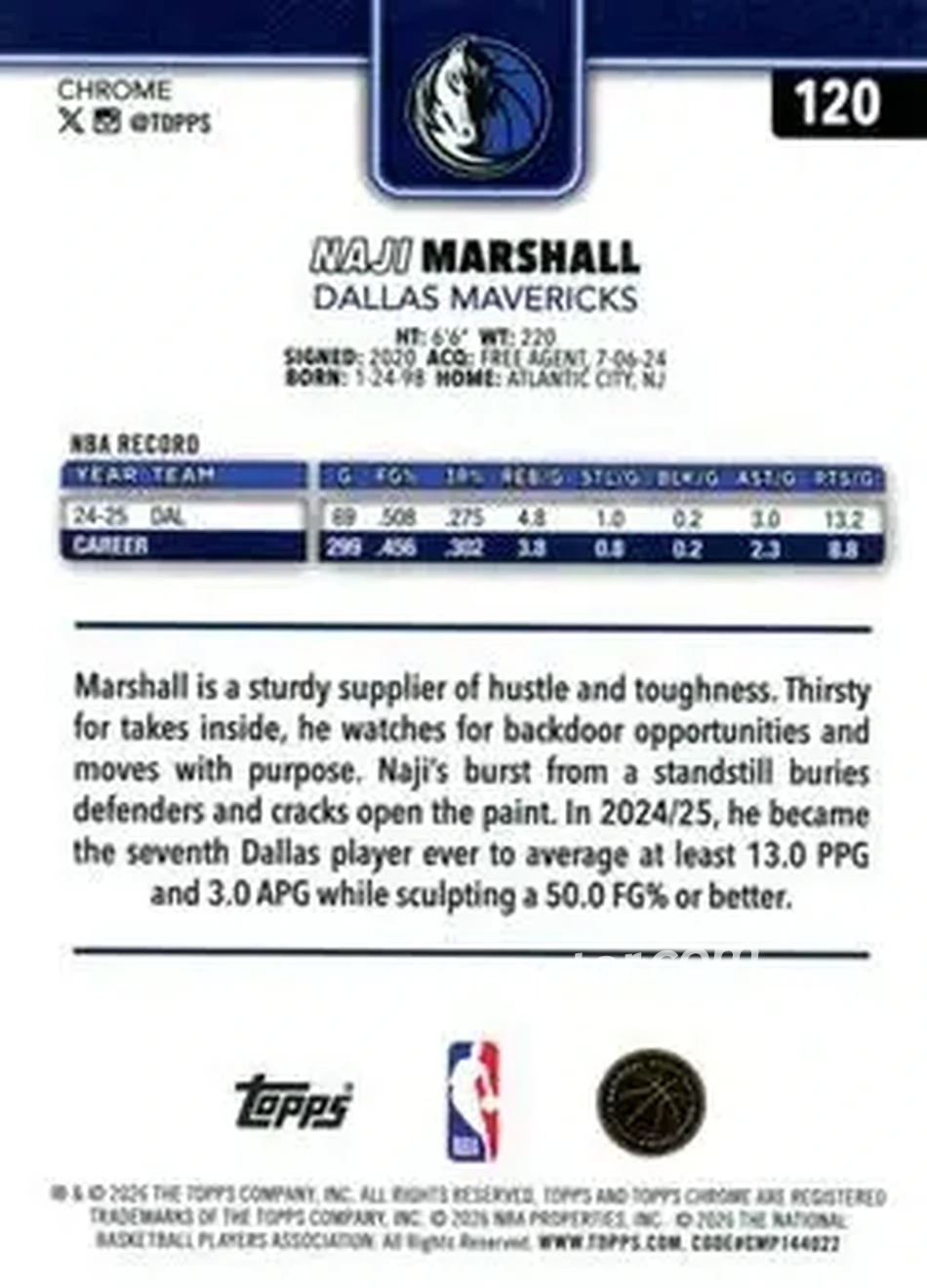 2025-26 Topps Chrome Update #120 - Naji Marshall - Dallas Mavericks - Back 2025-26 Topps Chrome Update #120 - Naji Marshall - Dallas Mavericks - Back