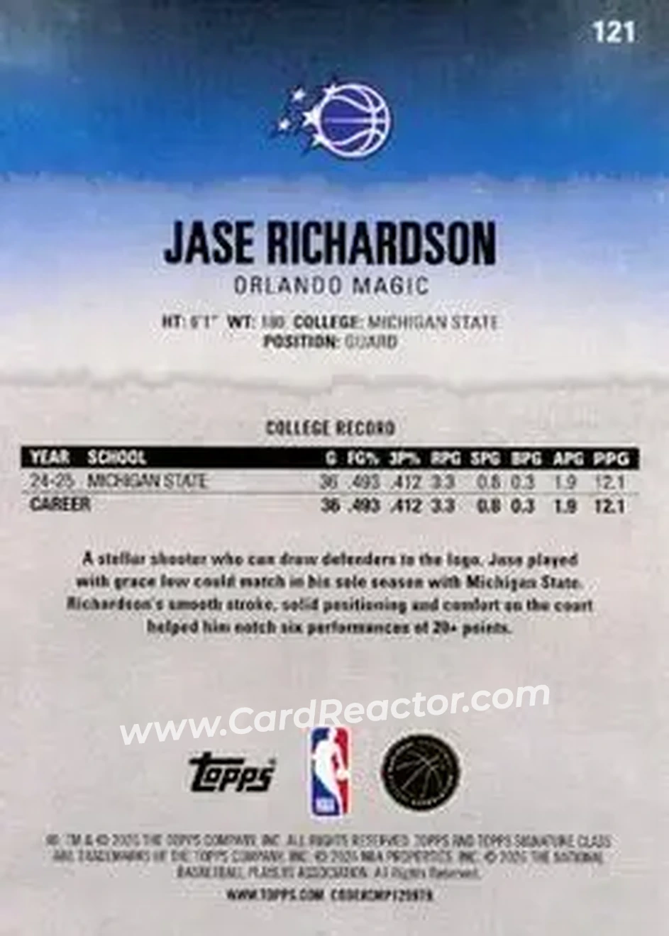 2025-26 Topps Signature Class #121 - Jase Richardson - Orlando Magic - Back 2025-26 Topps Signature Class #121 - Jase Richardson - Orlando Magic - Back