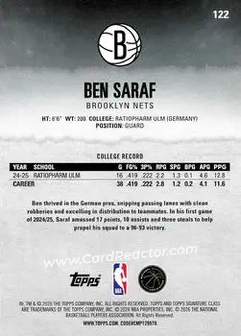 2025-26 Topps Signature Class #122 - Ben Saraf - Brooklyn Nets - Back