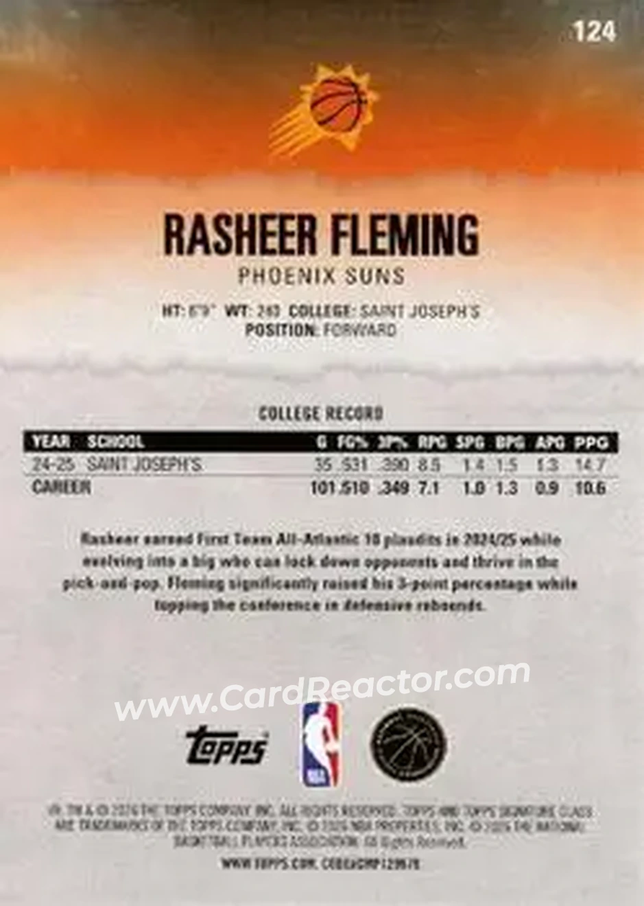 2025-26 Topps Signature Class #124 - Rasheer Fleming - Phoenix Suns - Back