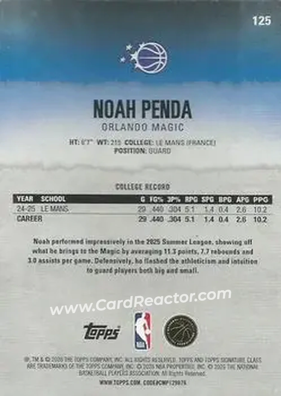 2025-26 Topps Signature Class #125 - Noah Penda - Orlando Magic - Back 2025-26 Topps Signature Class #125 - Noah Penda - Orlando Magic - Back