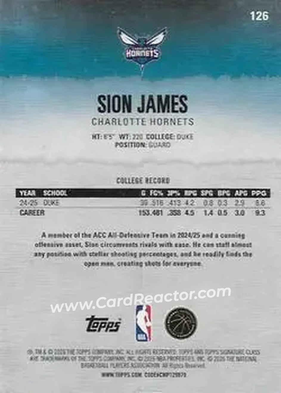 2025-26 Topps Signature Class #126 - Sion James - Charlotte Hornets - Back 2025-26 Topps Signature Class #126 - Sion James - Charlotte Hornets - Back