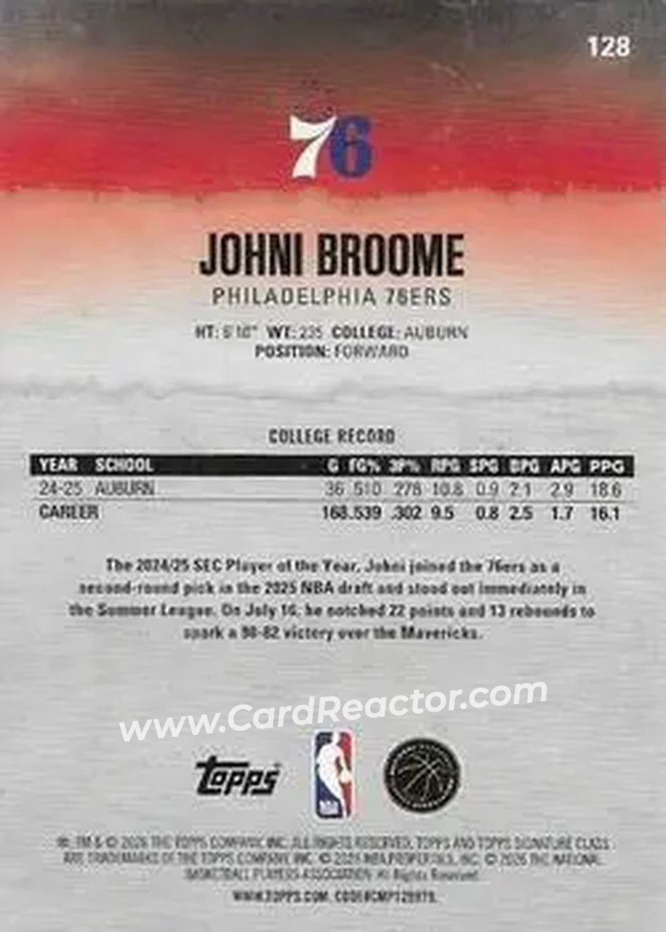 2025-26 Topps Signature Class #128 - Johni Broome - Philadelphia 76ers - Back 2025-26 Topps Signature Class #128 - Johni Broome - Philadelphia 76ers - Back