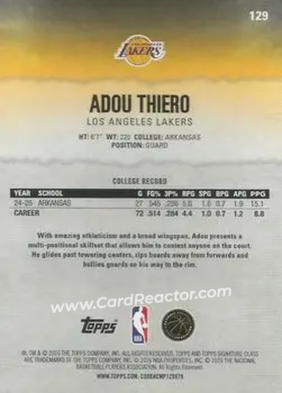 2025-26 Topps Signature Class #129 - Adou Thiero - Los Angeles Lakers - Back
