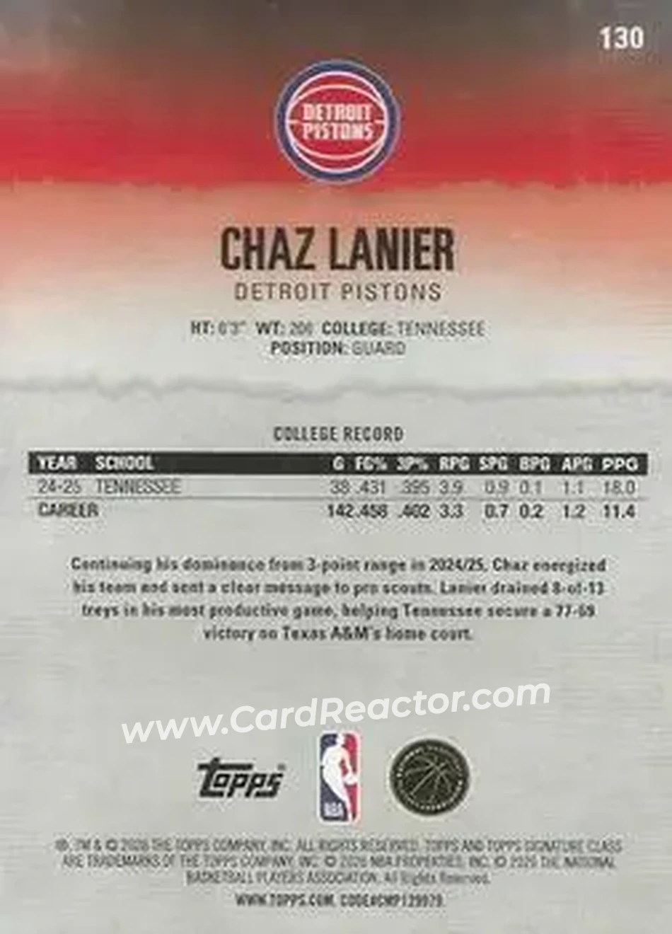 2025-26 Topps Signature Class #130 - Chaz Lanier - Detroit Pistons - Back 2025-26 Topps Signature Class #130 - Chaz Lanier - Detroit Pistons - Back