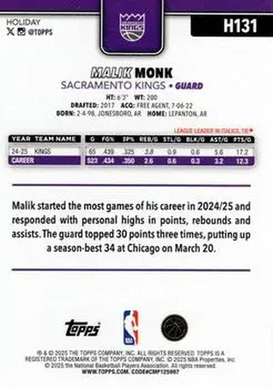 2025-26 Topps Holiday #H131 - Malik Monk - Sacramento Kings - Back
