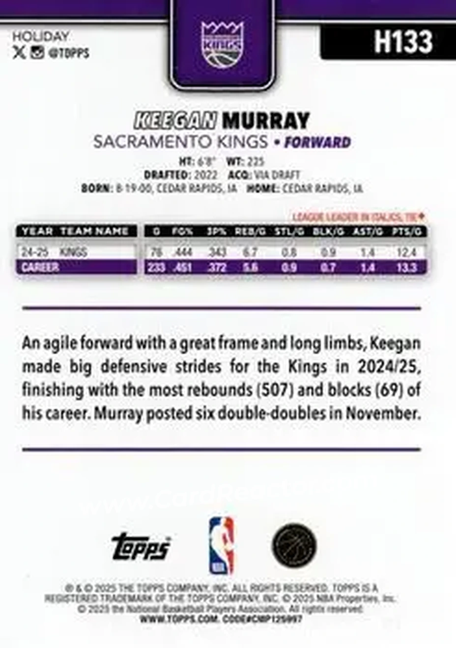 2025-26 Topps Holiday #H133 - Keegan Murray - Sacramento Kings - Back 2025-26 Topps Holiday #H133 - Keegan Murray - Sacramento Kings - Back