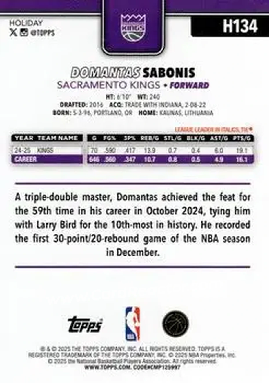 2025-26 Topps Holiday #H134 - Domantas Sabonis - Sacramento Kings - Back
